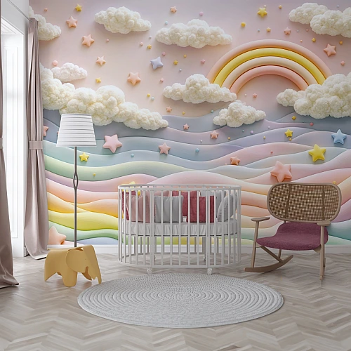 Pastel Rainbow Dreams Wall Mural – Soft Clouds & Stars Nursery Design