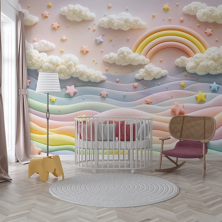 Pastel Rainbow Dreams Wall Mural – Soft Clouds & Stars Nursery Design