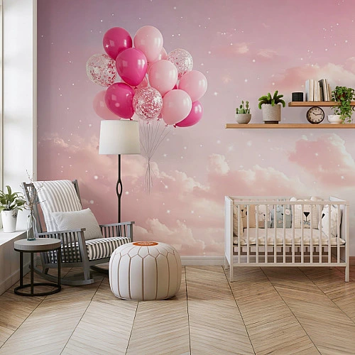 Pink Balloon Sky Kids Wall Mural – Dreamy Nursery Cloud Design