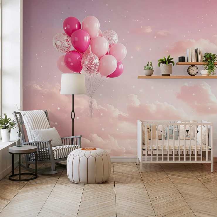 Pink Balloon Sky Kids Wall Mural – Dreamy Nursery Cloud Design Pink Balloon Sky Kids Wall Mural – Dreamy Nursery Cloud Design