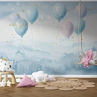 Dreamy Balloon Sky Wall Mural – Soft Pastel Kids Fantasy Design