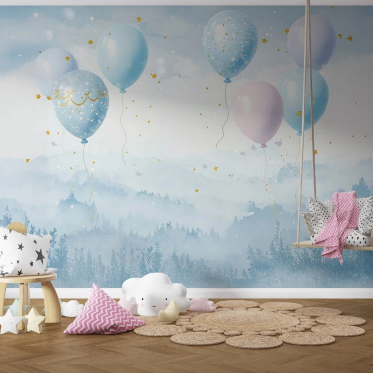 Dreamy Balloon Sky Wall Mural – Soft Pastel Kids Fantasy Design