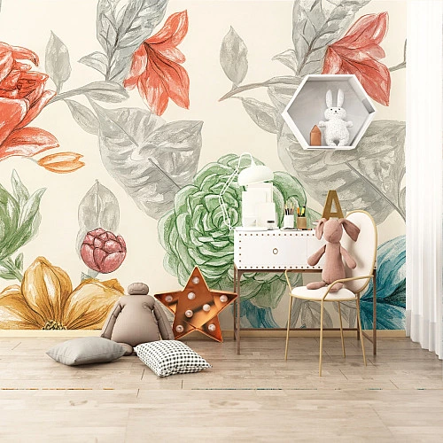 Hand Drawn Botanical Kids Wall Mural – Soft Sketch Floral Design