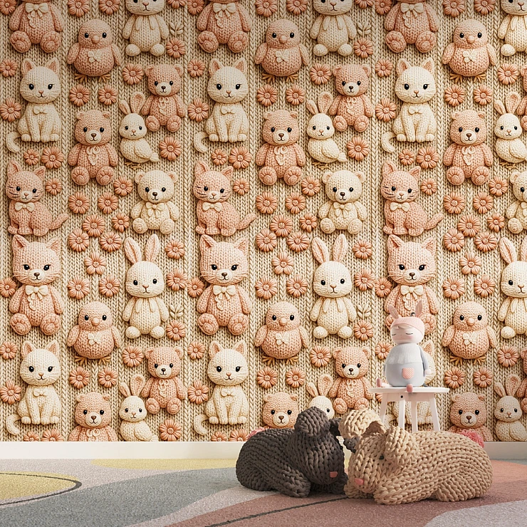 Cute Animal Pattern Wall Mural – Soft Pastel Kids Teddy Design