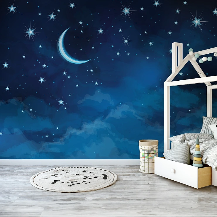 Moon and Stars Kids Wall Mural – Night Sky Nursery Design