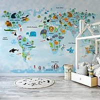 Kids World Map Animals Wall Mural – Educational Cartoon World Map Wallpaper for Nursery
