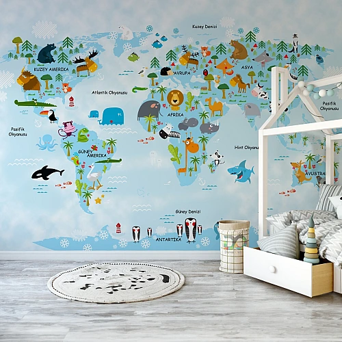 Kids World Map Animals Wall Mural – Educational Cartoon World Map Wallpaper for Nursery