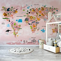 Kids World Map Wall Mural – Cute Animal Educational Design