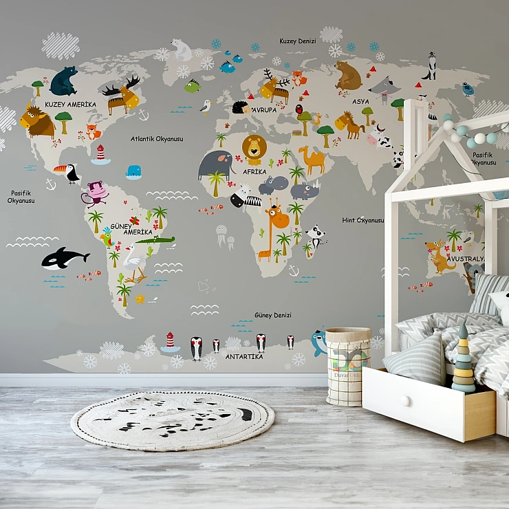 Kids World Map Wall Mural – Cute Animals Educational Design