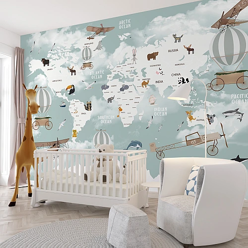 Kids World Map Wall Mural – Educational Animal Map Wallpaper for Nursery & Playroom