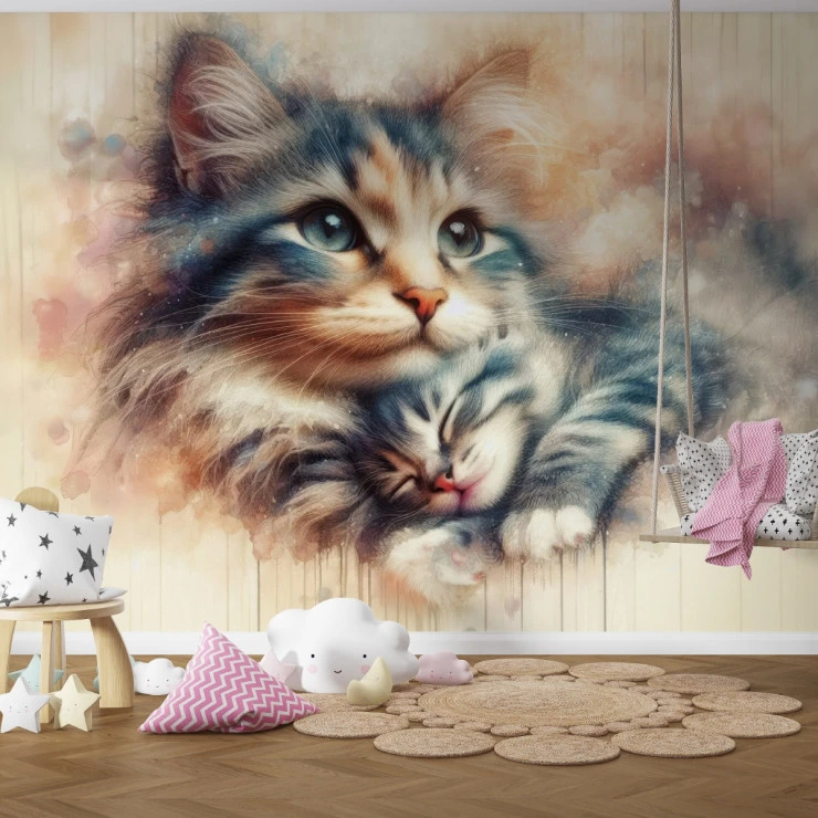 Cute Kitten Love Wall Mural – Soft Watercolor Animal Design