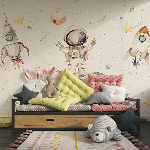 Cute Astronaut Space Wall Mural – Kids Rocket & Stars Wallpaper for Playful Rooms