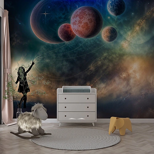 Dreamy Space Kids Wall Mural – Girl and Planets Fantasy Design