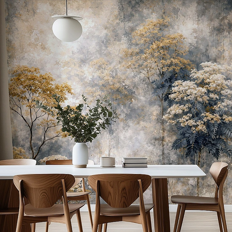 Gold and Grey Misty Forest Wall Mural – Artistic Nature Wallpaper for Living Room