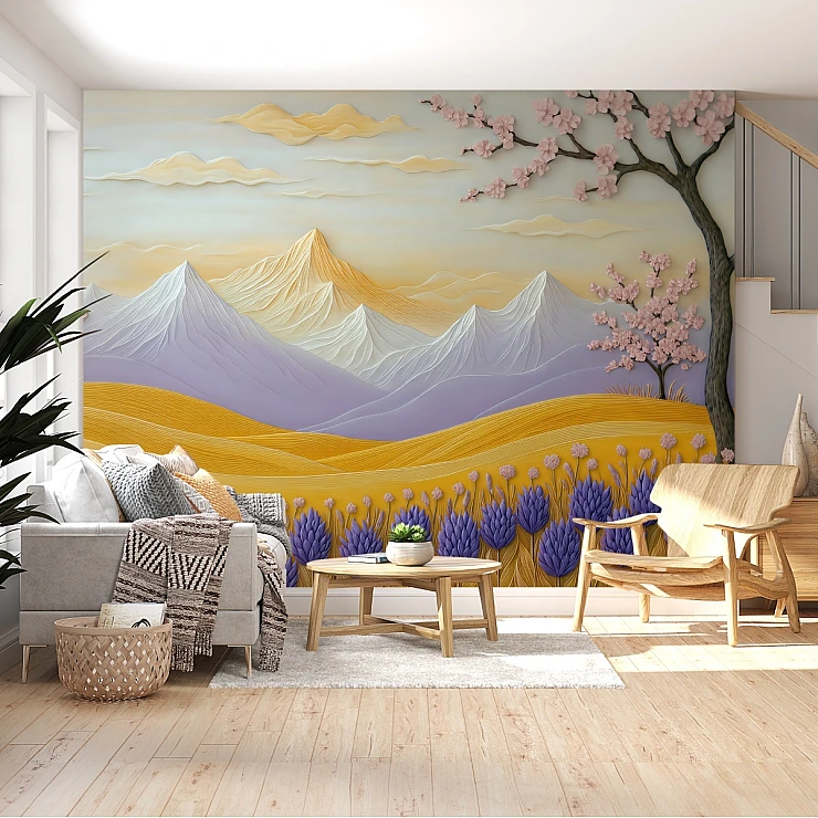 Pastel Mountain Landscape Wall Mural – Artistic Floral Hills Design