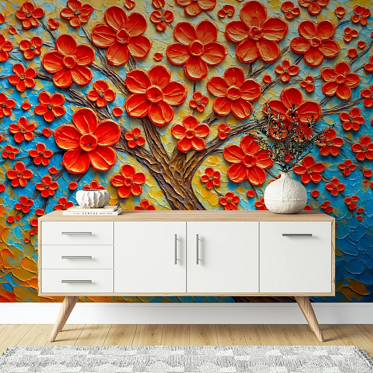 Colorful 3D Floral Wall Mural – Bold Red Flower Artistic Design Colorful 3D Floral Wall Mural – Bold Red Flower Artistic Design