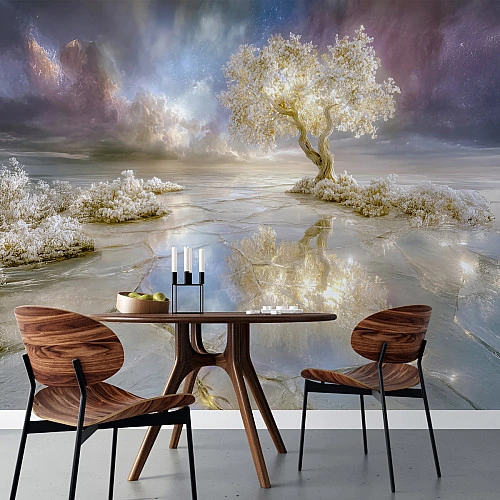 Golden Dream Tree Wall Mural – Surreal Reflective Landscape Design