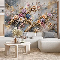 Luxury Floral Tree Wall Mural – Elegant Gold Blossom Wall Design