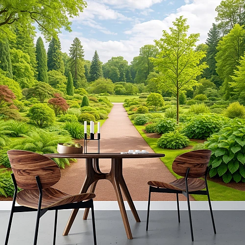 Lush Garden Path Wall Mural – Serene Green Landscape Wallpaper for Dining Room