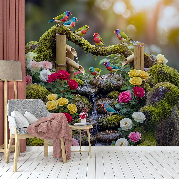 Colorful Birds Garden Wall Mural – Waterfall Floral Nature Design
