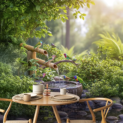 Zen Garden Birds Fountain Wall Mural – Peaceful Nature & Bamboo Waterfall Wallpaper
