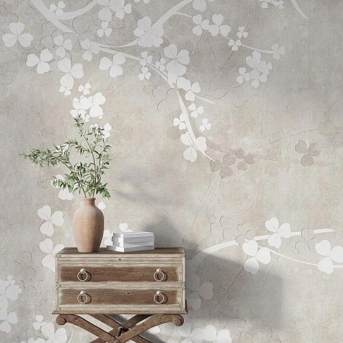 Minimalist White Blossom Wall Mural – Elegant Soft Floral Branch Design