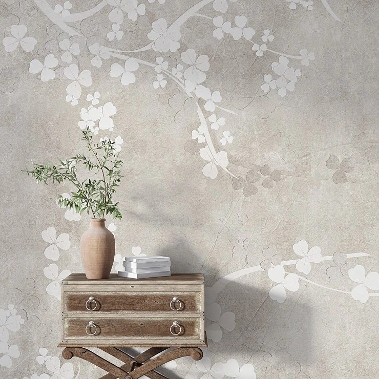 Minimalist White Blossom Wall Mural – Elegant Soft Floral Branch Design