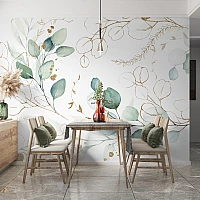 Minimal Botanical Line Wall Mural – Green Leaf Gold Abstract Design