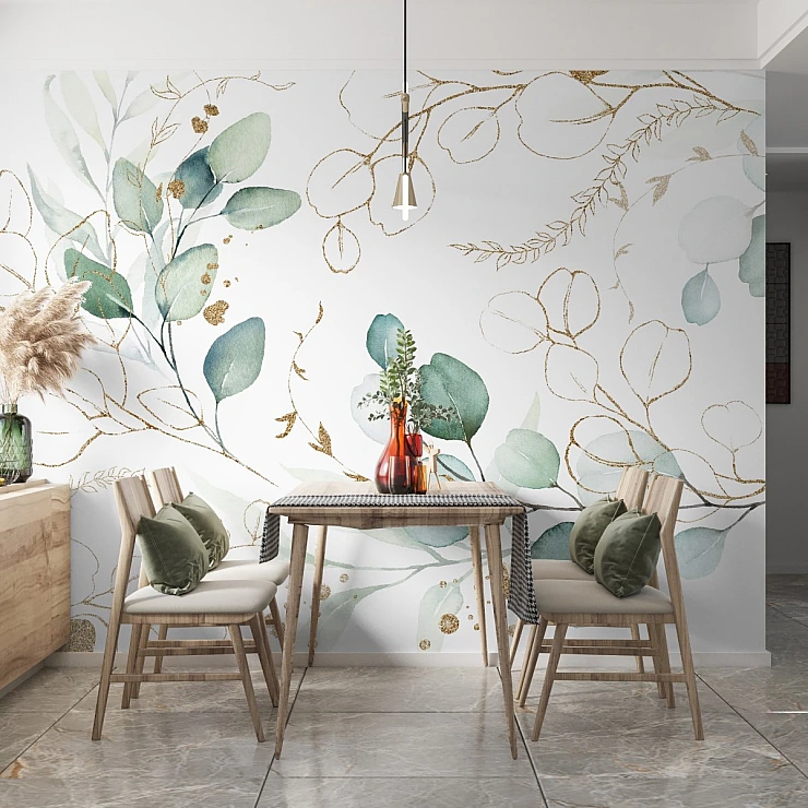 Minimal Botanical Line Wall Mural – Green Leaf Gold Abstract Design