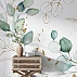 Minimal Botanical Line Wall Mural – Green Leaf Gold Abstract Design