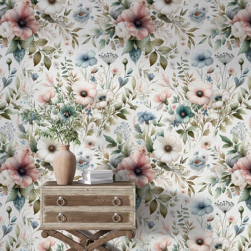 Vintage Pastel Floral Pattern Wallpaper – Elegant Botanical Seamless Design for Interiors