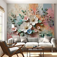 Pastel Floral Art Wall Mural – Elegant 3D Flower Texture Wallpaper for Living Room