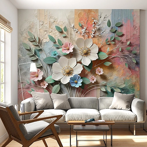 Pastel Floral Art Wall Mural – Elegant 3D Flower Texture Wallpaper for Living Room