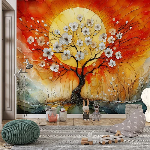 Blooming Tree Sunset Wall Mural – Vibrant Floral Art Design