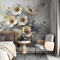 White & Gold 3D Floral Wall Mural – Elegant Modern Luxury Design