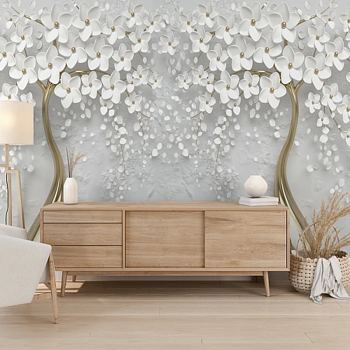White 3D Leaf Wall Mural – Elegant Soft Luxury Botanical Design