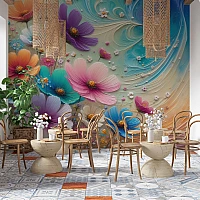 Abstract Floral Wave Wall Mural – Colorful 3D Flower Design