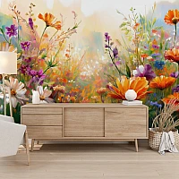 Colorful Wildflower Meadow Wall Mural – Artistic Floral Landscape Design