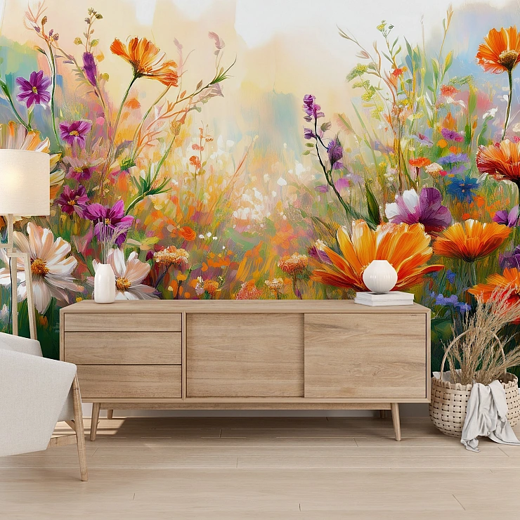 Colorful Wildflower Meadow Wall Mural – Artistic Floral Landscape Design