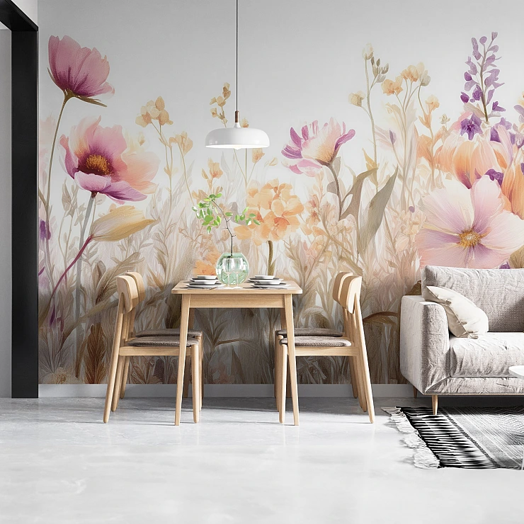 Soft Wildflower Meadow Wall Mural – Elegant Pastel Floral Design