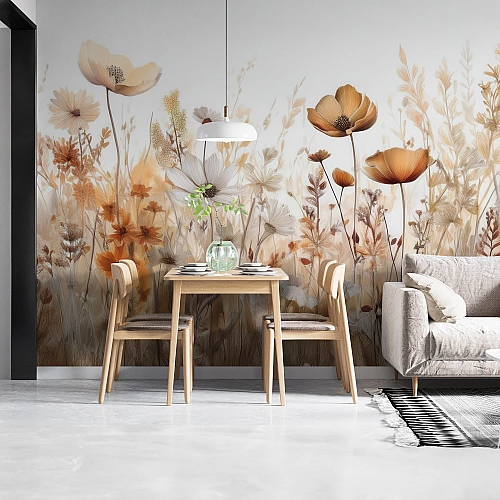 Warm Autumn Floral Field Wall Mural – Soft Botanical Meadow Design