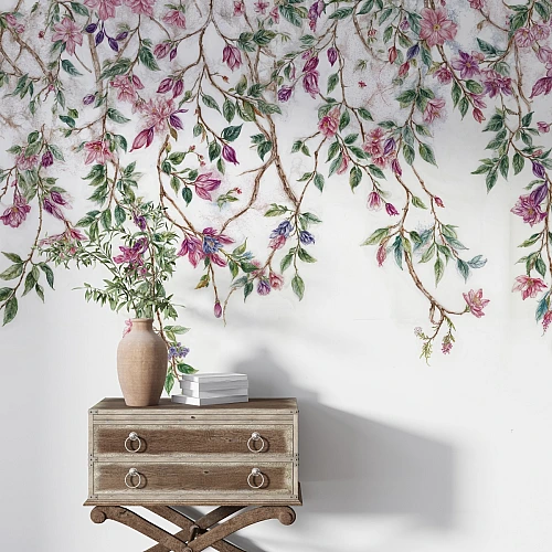 Elegant Floral Vine Wall Mural – Soft Botanical Wallpaper for Bedroom