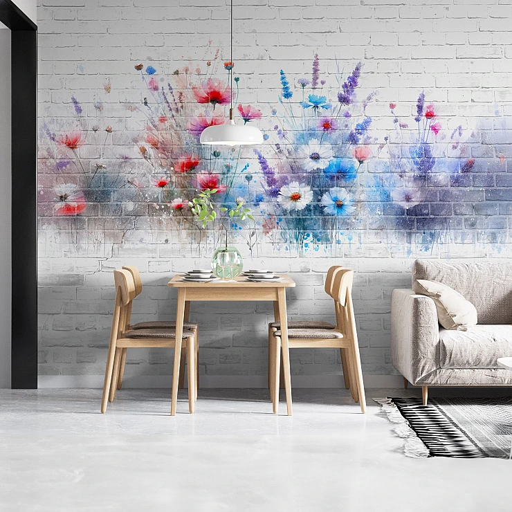 Watercolor Flowers Brick Wall Mural – Colorful Floral Urban Design