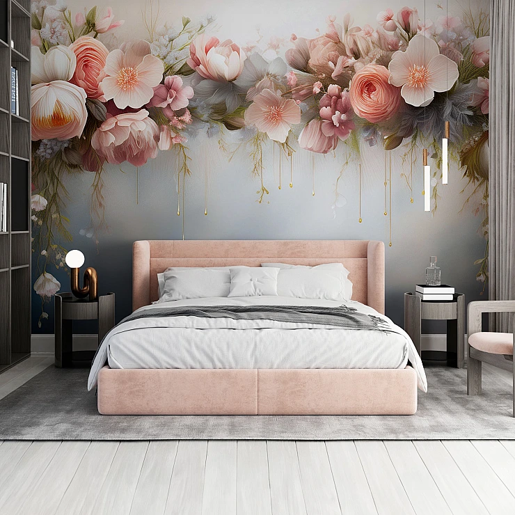 Blush Floral Wall Mural – Elegant Pink Flowers Luxury Bedroom Design