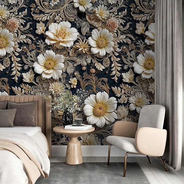 Luxury Dark Floral Wall Mural – Elegant Gold Botanical Design for Bedroom Luxury Dark Floral Wall Mural – Elegant Gold Botanical Design for Bedroom