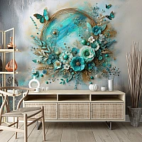 Turquoise Floral Wreath Wall Mural – Elegant 3D Botanical Design