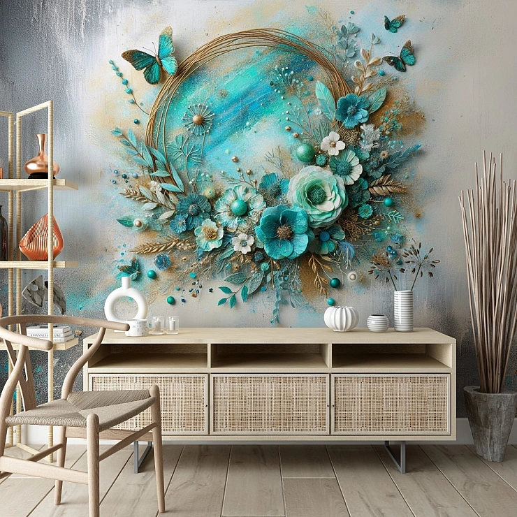 Turquoise Floral Wreath Wall Mural – Elegant 3D Botanical Design