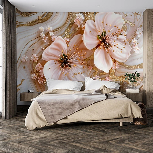 Luxury Marble Floral Wall Mural – 3D Gold Blossom Design