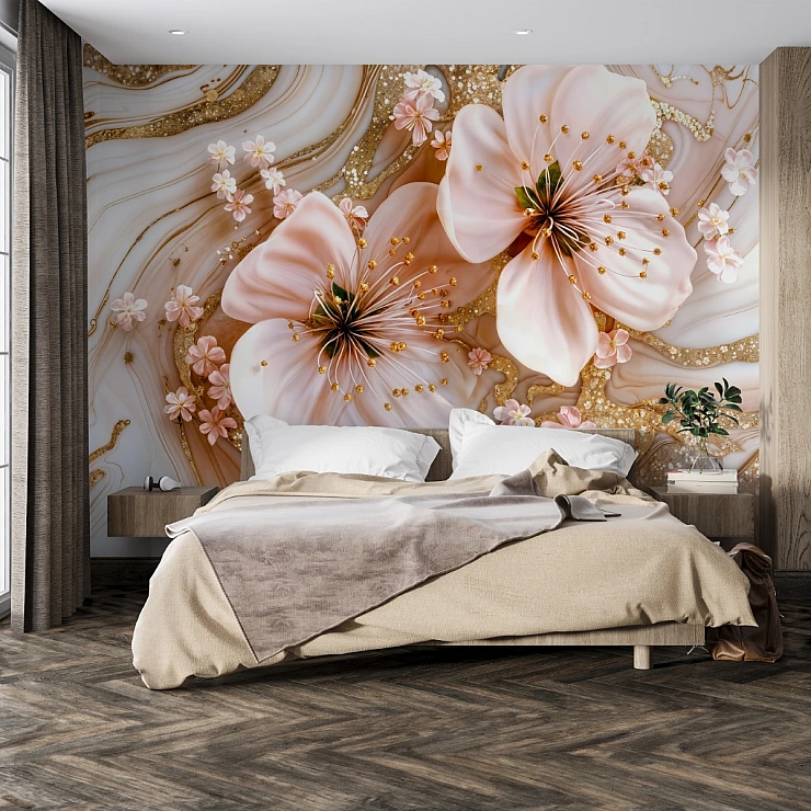 Luxury Marble Floral Wall Mural – 3D Gold Blossom Design