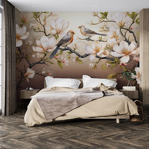 Elegant Magnolia Birds Wall Mural – Soft Floral Nature Wallpaper for Bedroom